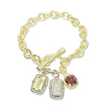 112930, 14K GOLD PLATED CZ MULTI CHARM CABLE LINK TOGGLE BRACELET