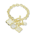 112932, 14K GOLD PLATED CZ CLOVER MULTI CHARM TOGGLE BRACELET