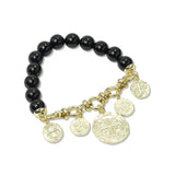 112934, NATURAL STONE AND PEARL BEADED COIN CHARM STRETCH BRACELET