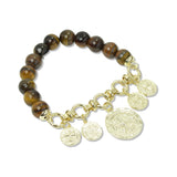 112934, NATURAL STONE AND PEARL BEADED COIN CHARM STRETCH BRACELET