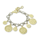 112935, 14K GOLD PLATED MIXED METAL COIN CHARM BRACELET