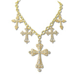 112980, MULTI CROSS FILIGREE CRYSTAL CHARM STATEMENT NECKLACE