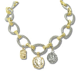 112987, TWO TONE CABLE CHAIN ANCIENT COIN CHARM NECKLACE