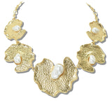 112989, TEXTURED ORGANIC PLATE BAROQUE PEARL STATEMENT COLLAR NECKLACE