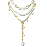 112990, 3 PIECE LAYERED PEARL AND LINK CHAIN LARIAT NECKLACE SET