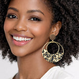 112999, DOUBLE HOOP LEOPARD PRINT FABRIC STATEMENT EARRINGS