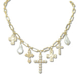 113013, VINTAGE INSPIRED MULTI CROSS AND BAROQUE PEARL CHARM NECKLACE