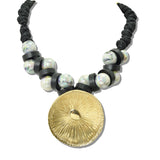 113028, CHUNKY SUNBURST MEDALLION CORD STATEMENT NECKLACE