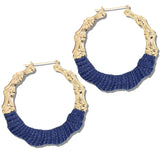 113042, BAMBOO STYLE METALLIC AND DENIM WRAPPED HOOP EARRINGS