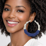 113042, BAMBOO STYLE METALLIC AND DENIM WRAPPED HOOP EARRINGS