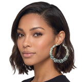 113042, BAMBOO STYLE METALLIC AND DENIM/LEOPARD WRAPPED HOOP EARRINGS