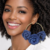 113043, FLORAL DENIM FABRIC ACCENT HOOP EARRINGS