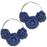 113043, FLORAL DENIM FABRIC ACCENT HOOP EARRINGS