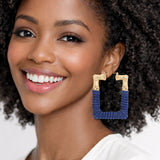113045, BAMBOO STYLE SQUARE METALLIC AND DENIM WRAPPED HOOP EARRINGS