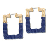 113045, BAMBOO STYLE SQUARE METALLIC AND DENIM WRAPPED HOOP EARRINGS