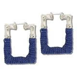 113045, BAMBOO STYLE SQUARE METALLIC AND DENIM WRAPPED HOOP EARRINGS