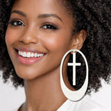 113050, OVERSIZED METALLIC OVAL CUTOUT CROSS STATEMENT EARRINGS