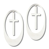 113050, OVERSIZED METALLIC OVAL CUTOUT CROSS STATEMENT EARRINGS
