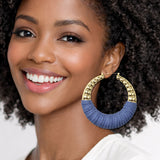 113056, BOHEMIAN RIBBED METALLIC AND DENIM JEAN HOOP STATEMENT EARRINGS