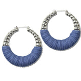 113056, BOHEMIAN RIBBED METALLIC AND DENIM JEAN HOOP STATEMENT EARRINGS