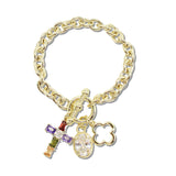 113078, 14K GOLD PLATED MULTI CHARM CROSS OVAL CZ TOGGLE BRACELET