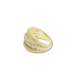 113081, 14K GOLD PLATED TEXTURED MULTI ROW CZ RING