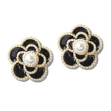 113086, PEARL CENTERED ENAMEL CAMELLIA FLOWER STUD EARRINGS