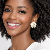 113086, PEARL CENTERED ENAMEL CAMELLIA FLOWER STUD EARRINGS