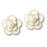 113086, PEARL CENTERED ENAMEL CAMELLIA FLOWER STUD EARRINGS