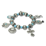 113104, WESTERN TURQUOISE AND ANTIQUE SILVER CHARM STRETCH BRACELET