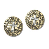 113107, MIXED METAL ANTIQUE CROSS DISC STUD EARRINGS