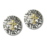 113107, MIXED METAL ANTIQUE CROSS DISC STUD EARRINGS