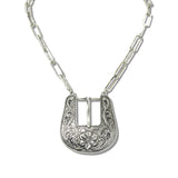 113143, WESTERN FLORAL LARGE BELT BUCKLE PAPERCLIP CHAIN NECKLACE