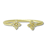 113195, 14K GOLD PLATED QUATREFOIL CZ TWISTED CABLE CUFF BRACELET