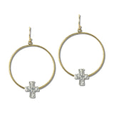 113243, TWO TONE WIRED HOOP CROSS DROP EARRINGS
