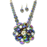 113272, CHUNKY IRIDESCENT BUBBLE BEAD FLORAL STATEMENT NECKLACE