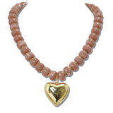 113313, CHUNKY MARBLED BEAD AND PUFFED HEART PENDANT NECKLACE