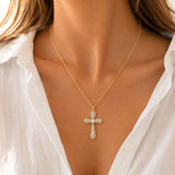 113333, ORNATE PAVE CRYSTAL AND PEARLESCENT CROSS PENDANT NECKLACE