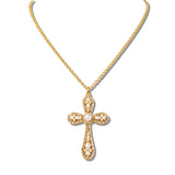 113333, ORNATE PAVE CRYSTAL AND PEARLESCENT CROSS PENDANT NECKLACE