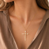 113334, PEARL AND CRYSTAL ELEGANT CROSS PENDANT NECKLACE