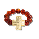 113339, HAMMERED CROSS AND MARBLED BEAD STRETCH BRACELET
