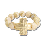 113339, HAMMERED CROSS AND MARBLED BEAD STRETCH BRACELET