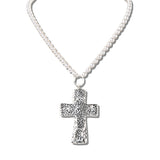 113348, HAMMERED CROSS PENDANT PEARLESCENT STRAND NECKLACE