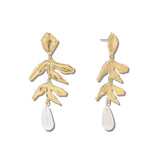 113364, TEXTURED LEAF BRANCH AND TEARDROP PEARL EARRINGS