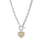 113368, TWO TONE HEART PENDANT NECKLACE WITH FRONT TOGGLE CLASP