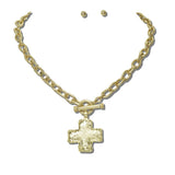 113390, WATER RESISTANT 24K GOLD AND RADIANT SILVER TONE HAMMERED CROSS TOGGLE CHAIN NECKLACE