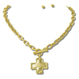 113390, WATER RESISTANT 24K GOLD AND RADIANT SILVER TONE HAMMERED CROSS TOGGLE CHAIN NECKLACE