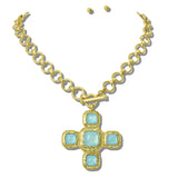 113395, WATER RESISTANT 24K GOLD TONE CABOCHON CROSS PENDANT TOGGLE NECKLACE