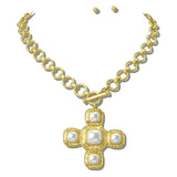 113395, WATER RESISTANT 24K GOLD TONE CABOCHON CROSS PENDANT TOGGLE NECKLACE