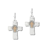 113420, TWO TONE HAMMERED CROSS DROP EARRINGS